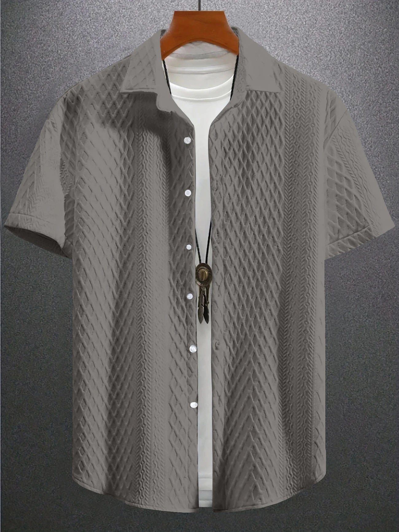 Summer casual short-sleeved men's shirt Casual Street wear jacquard lapel button down solid color men's vintage shirt S-2XL