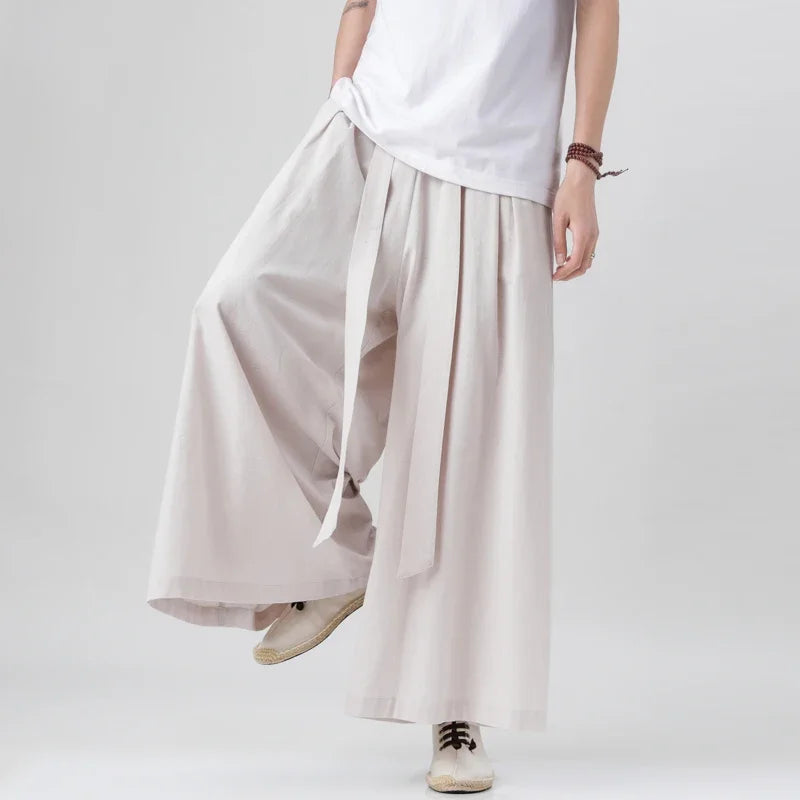 Chinese Style Linen Cotton Retro Pants Man Summer Kimono  Solid Color Traditional Pants Male Streetwear Casual Wide-Leg Trousers