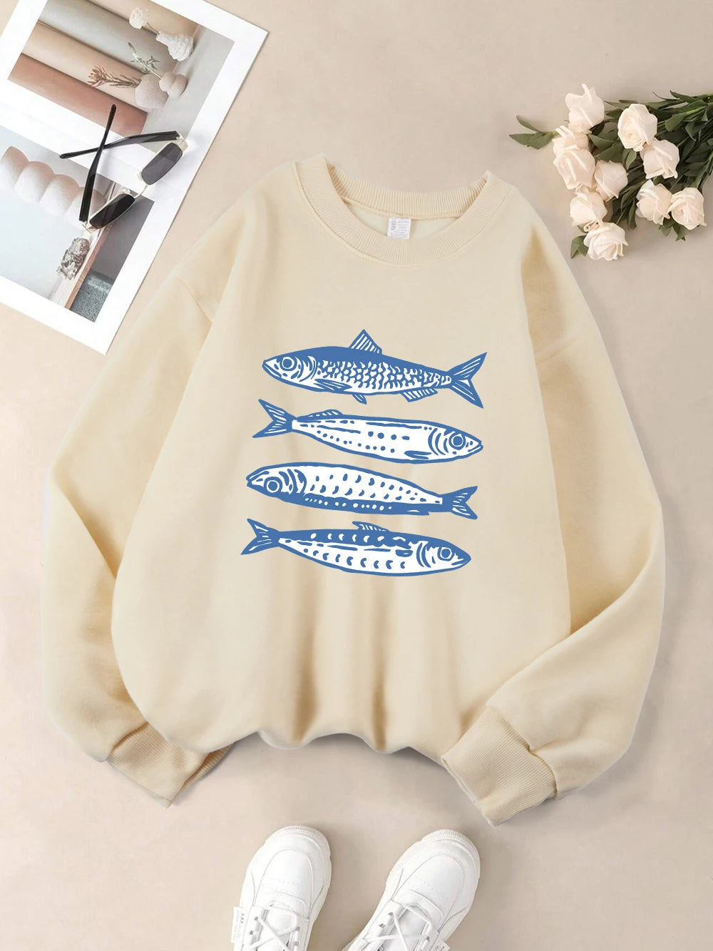 Sardines Blue Printing Sweatshirts Womens Crewneck Basics Hoodies Loose Fleece Warm Pullover Winter Comfortable Womans Clothes