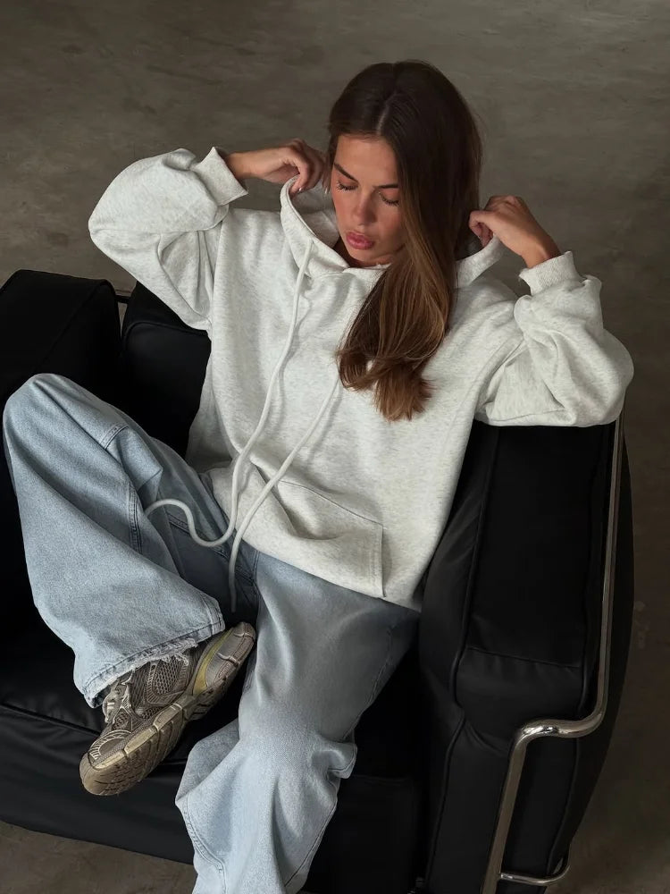 Women Solid Drawstring Hooded Sweatshirt Casual Long Sleeve Loose Pockets Pullover 2025 Autumn Lady Daily Street Sweatshirts