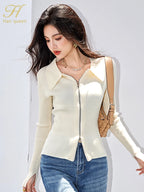 H Han Queen Elegant Basic Cardigan Sweaters Simple Fashion Zip Knitwear Women Long Sleeve Sweater Reviews Many Clothes Outer