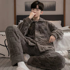 2Pcs/set men's pajamas autumn and winter padded and thickened warm long-sleeved trousers coral fleece homewear men's clothing