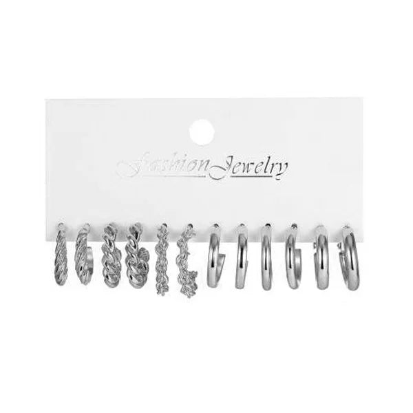 Boho Silver Color Earrings Set for Women Vintage Heart Pearl Metal Geometric Twist Hoops Earrings 2024 New Trendy Jewerly Gifts
