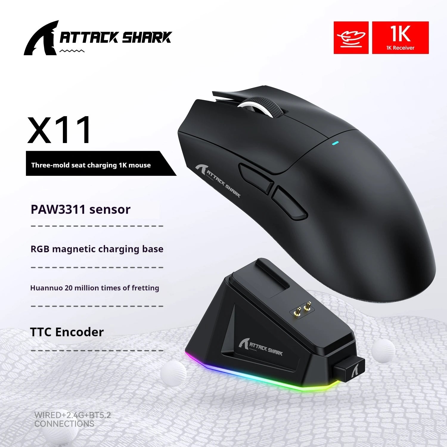 Attack Shark X11 mouse lightweight PAW3311 E-sports game the third mock examination wireless Bluetooth mouse charging RGB bottom