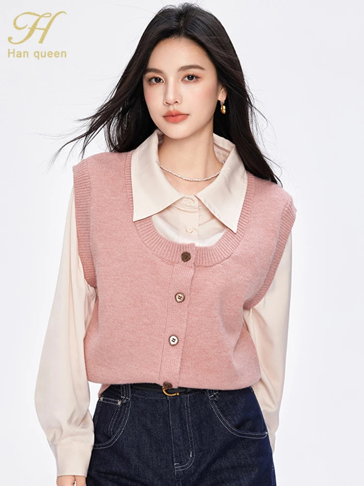 H Han Queen Pullover Sweaters Women Pink Fashion Buttons Elegant Patchwork Knitwear Simple Office Casual Sweater Reviews