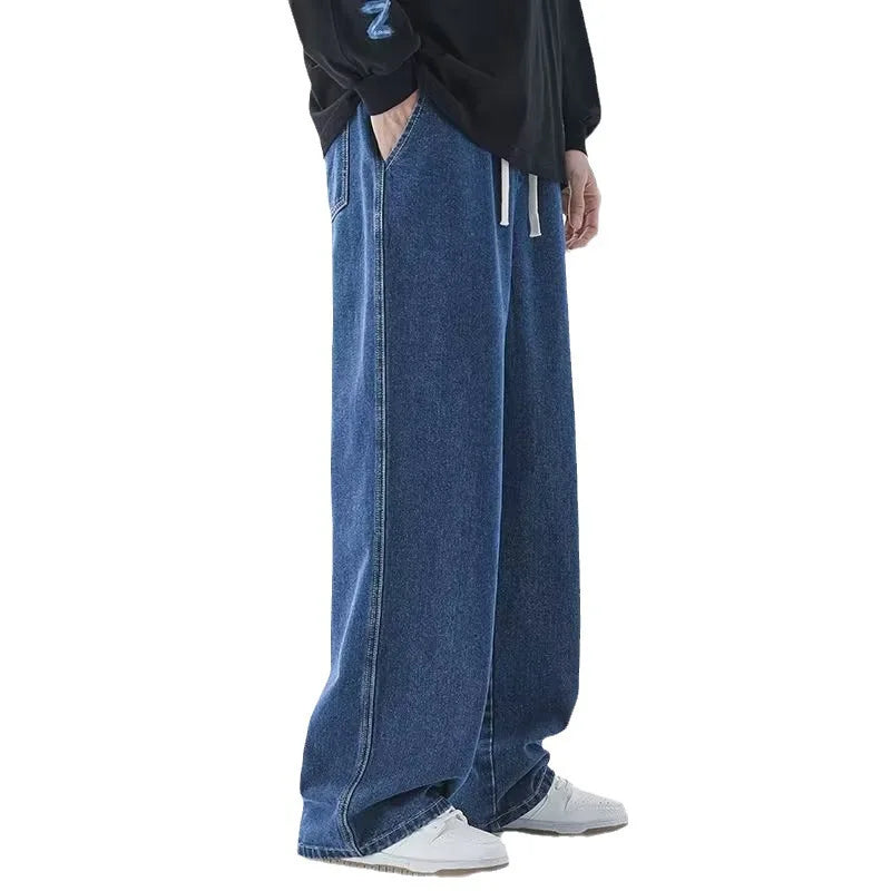 Fashion Men's Solid Color Drape Jeans Loose Straight Korean Vintage High Street Hip-hop Y2K Casual Daily Dragging Wide-leg Pants
