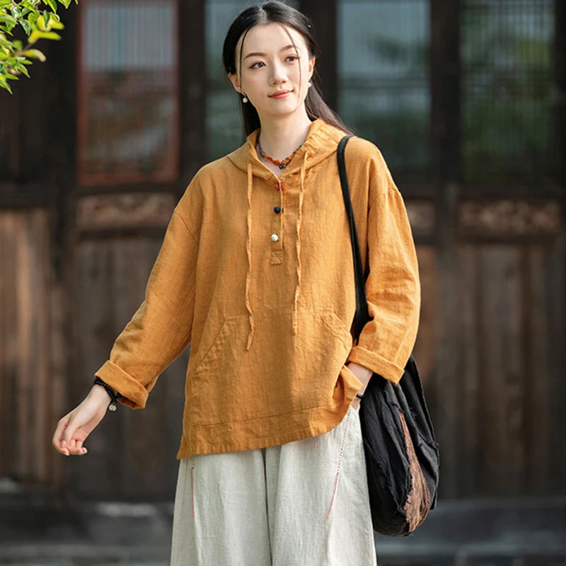 Women Cotton Linen Casual Hoodies New Arrival 2025 Autumn Vintage Style Plain Color Female Long Sleeve Hooded Pullovers M1838