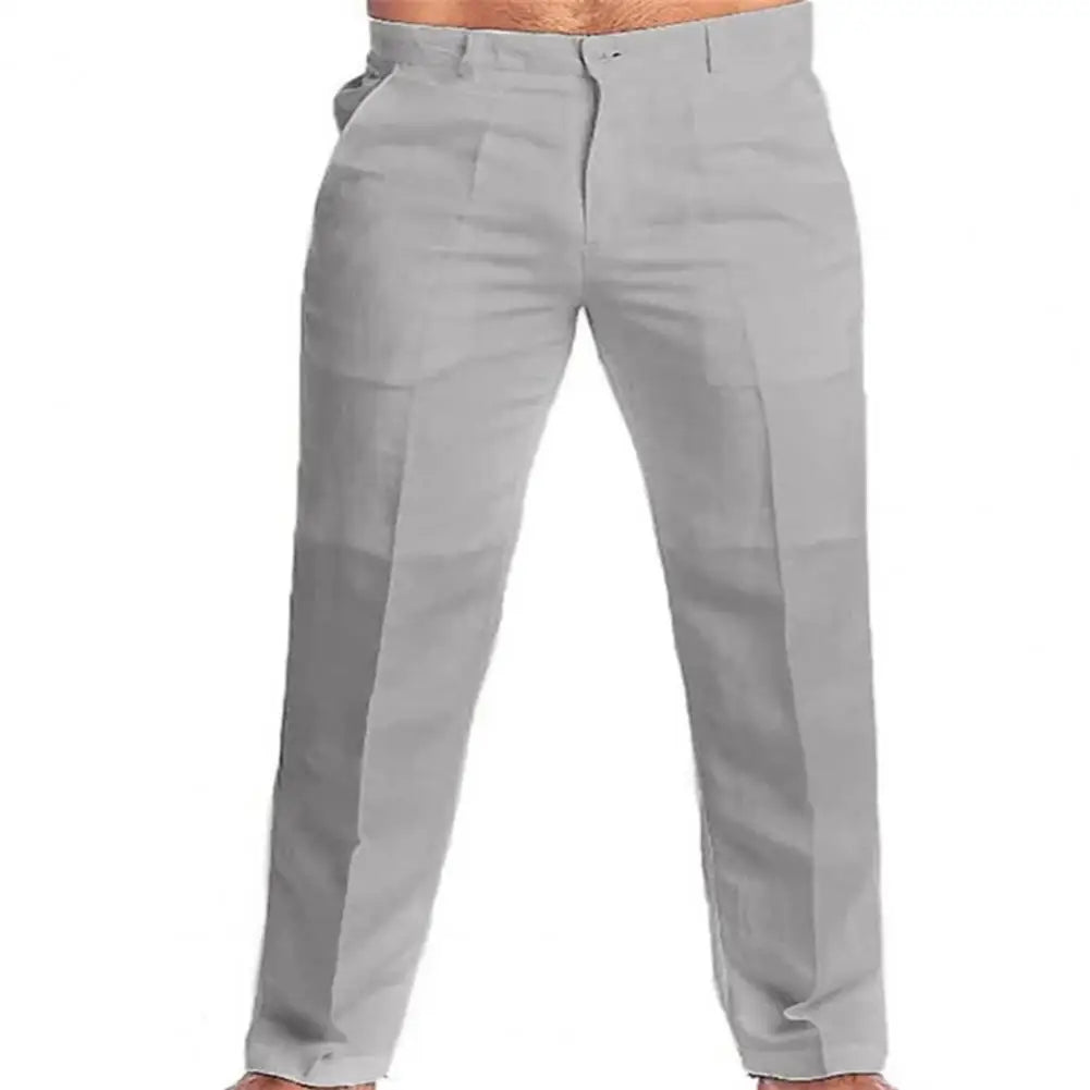 Men Cotton Linen Pants Casual Long Pants Stylish Men's Mid-rise Solid Color Slim Fit Trousers Zipper Fly Button Men Trousers