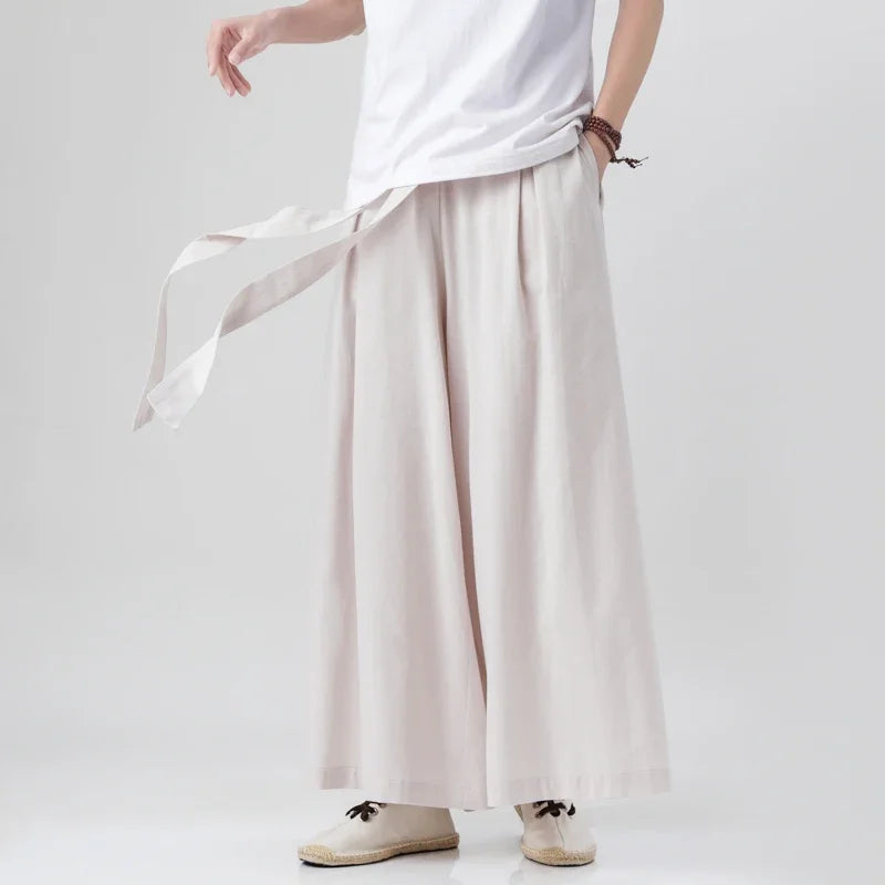 Chinese Style Linen Cotton Retro Pants Man Summer Kimono  Solid Color Traditional Pants Male Streetwear Casual Wide-Leg Trousers