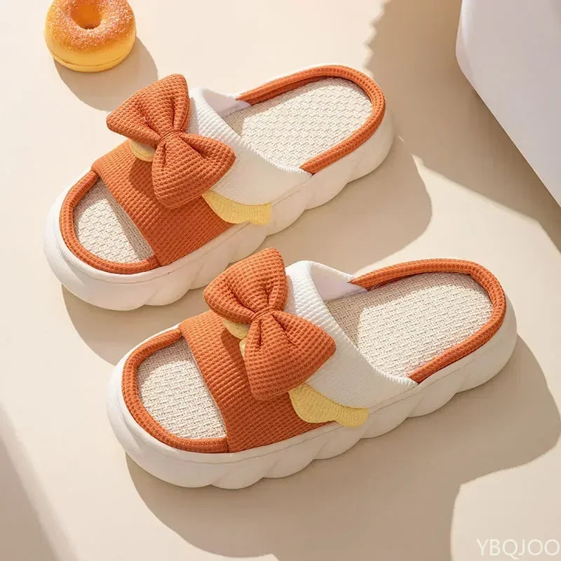 Linen Slippers Women Indoor Slippers Comzy Anti-Slip House Cotton Shoes  Cute Bowknot Flat Slipper Couples Slides Spring Summer