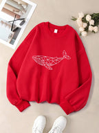 Simple Sketch Whale Printing Sweatshirts Womens Fleece Warm Casual Hoodies Crewneck Loose Pullover Winter Comfortable Clothes