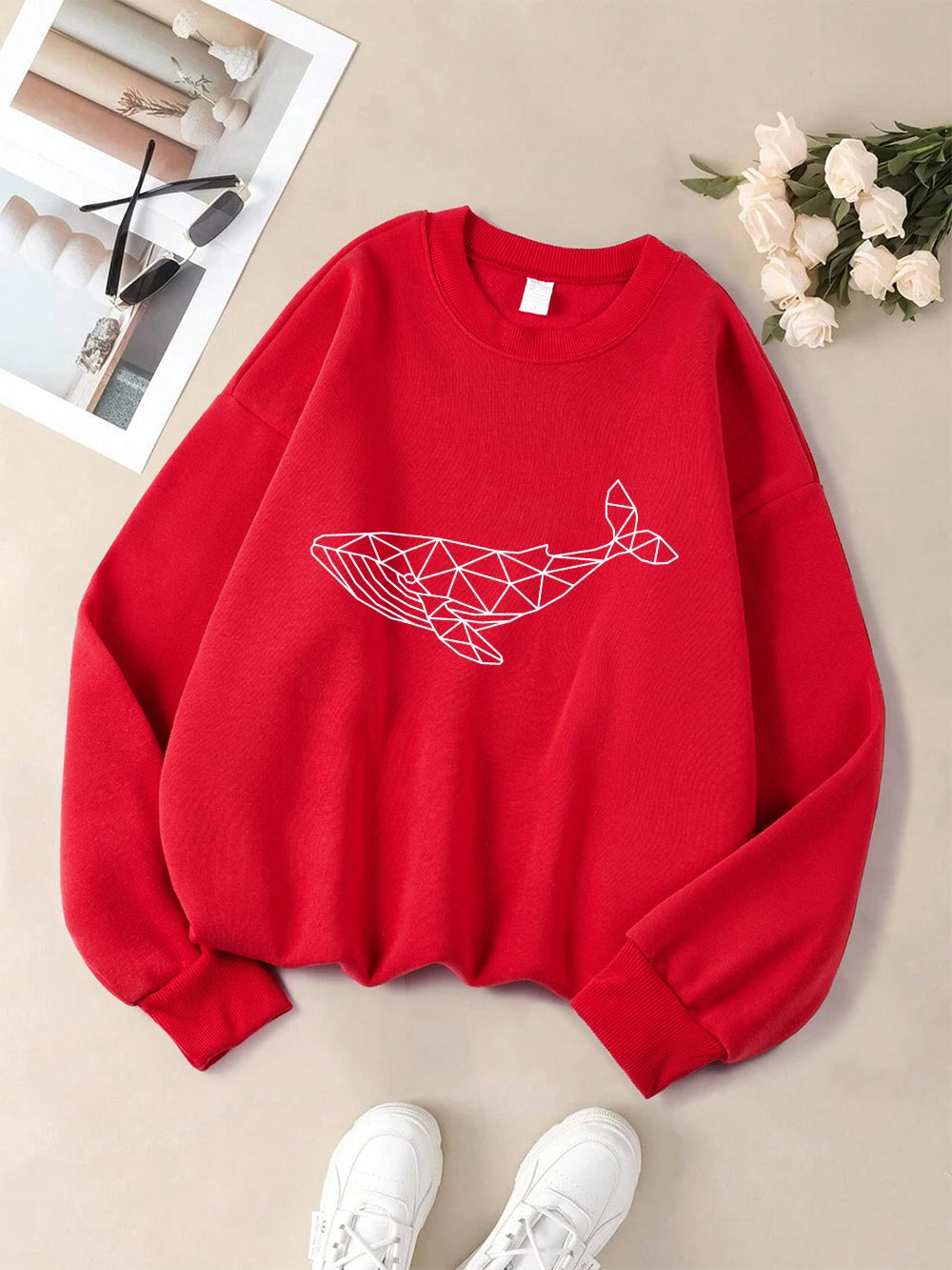 Simple Sketch Whale Printing Sweatshirts Womens Fleece Warm Casual Hoodies Crewneck Loose Pullover Winter Comfortable Clothes