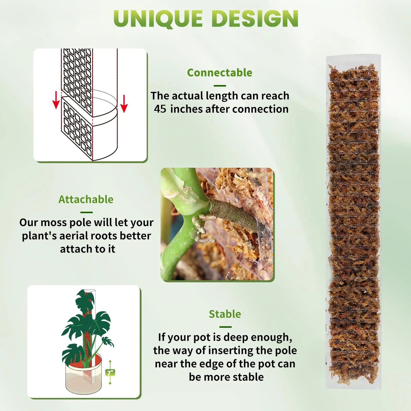 24/36/48Inch Climbing Plant Water Moss Column Indoor Plastic Moss Pole for Sphagnum Support Potted Plants Sticks Growth Garden