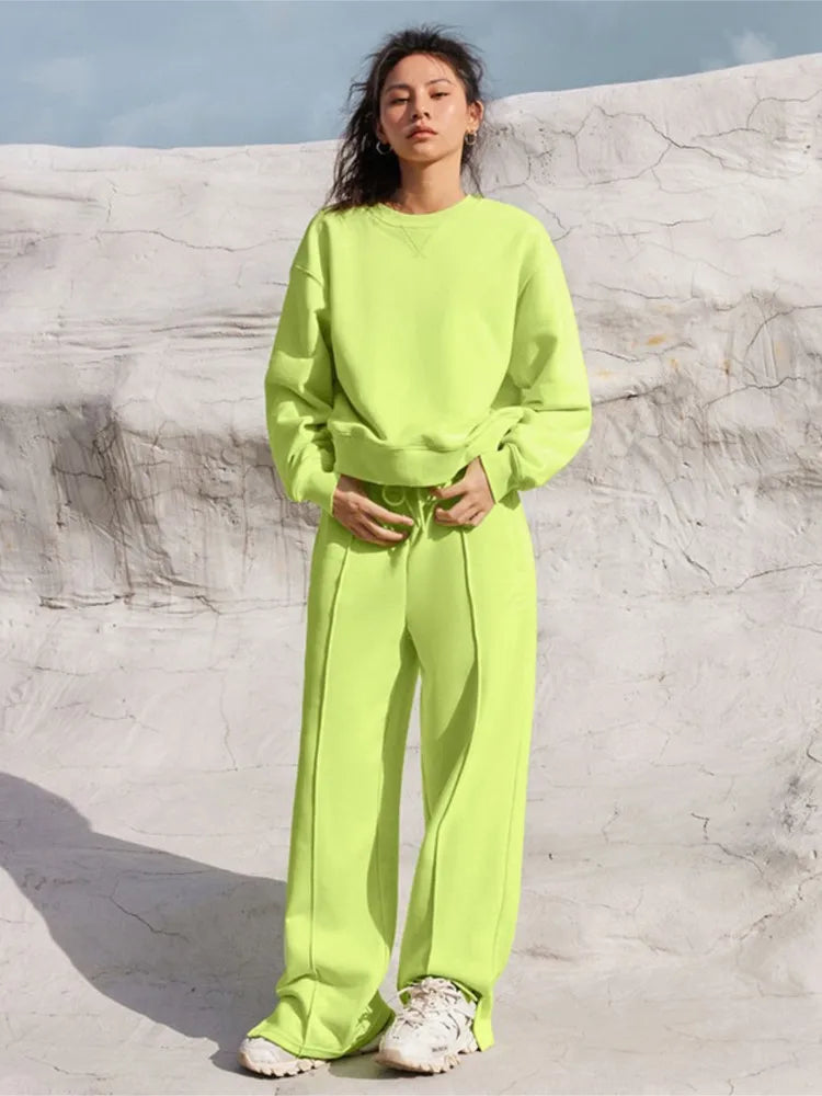 Women Fall Fashion Tracksuits Casual Long Sleeved Pullover Sets Two Piece Set Spring Solid Color Round Neck Pullover Pants Suits