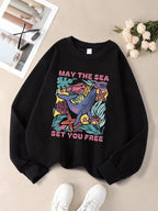 May The Sea Set You Free Printed Sweatshirts Womens Winter Fleece Warm Hoodies Crewneck Loose Pullover Basics Sporty Clothes