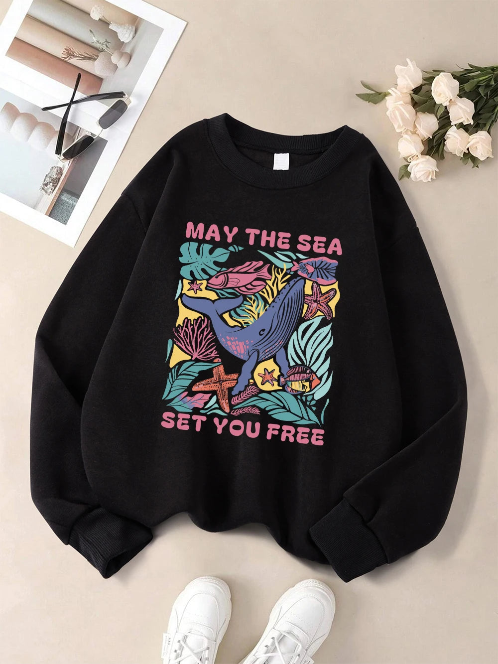 May The Sea Set You Free Printed Sweatshirts Womens Winter Fleece Warm Hoodies Crewneck Loose Pullover Basics Sporty Clothes