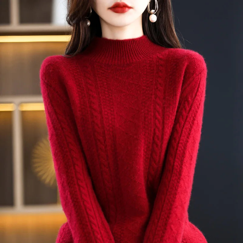 Chic Autumn Winter Soft Sophisticated Sweater Women's Mock Neck Pullover 100% Merino Wool Knitwear Solid Color Casual Tops
