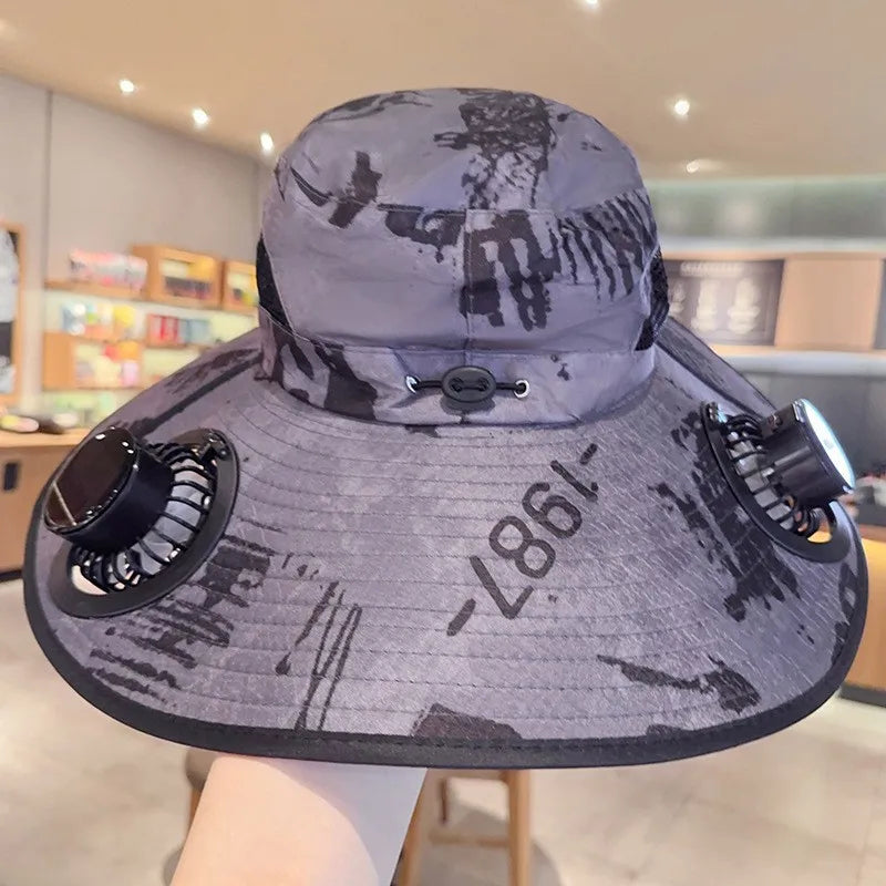 Solar Fan Hat Summer Camouflage Sun Bucket Hat for Men Women Outdoor Mountaineering Sunshade Fisherman Hat with Dual Cooling Fan