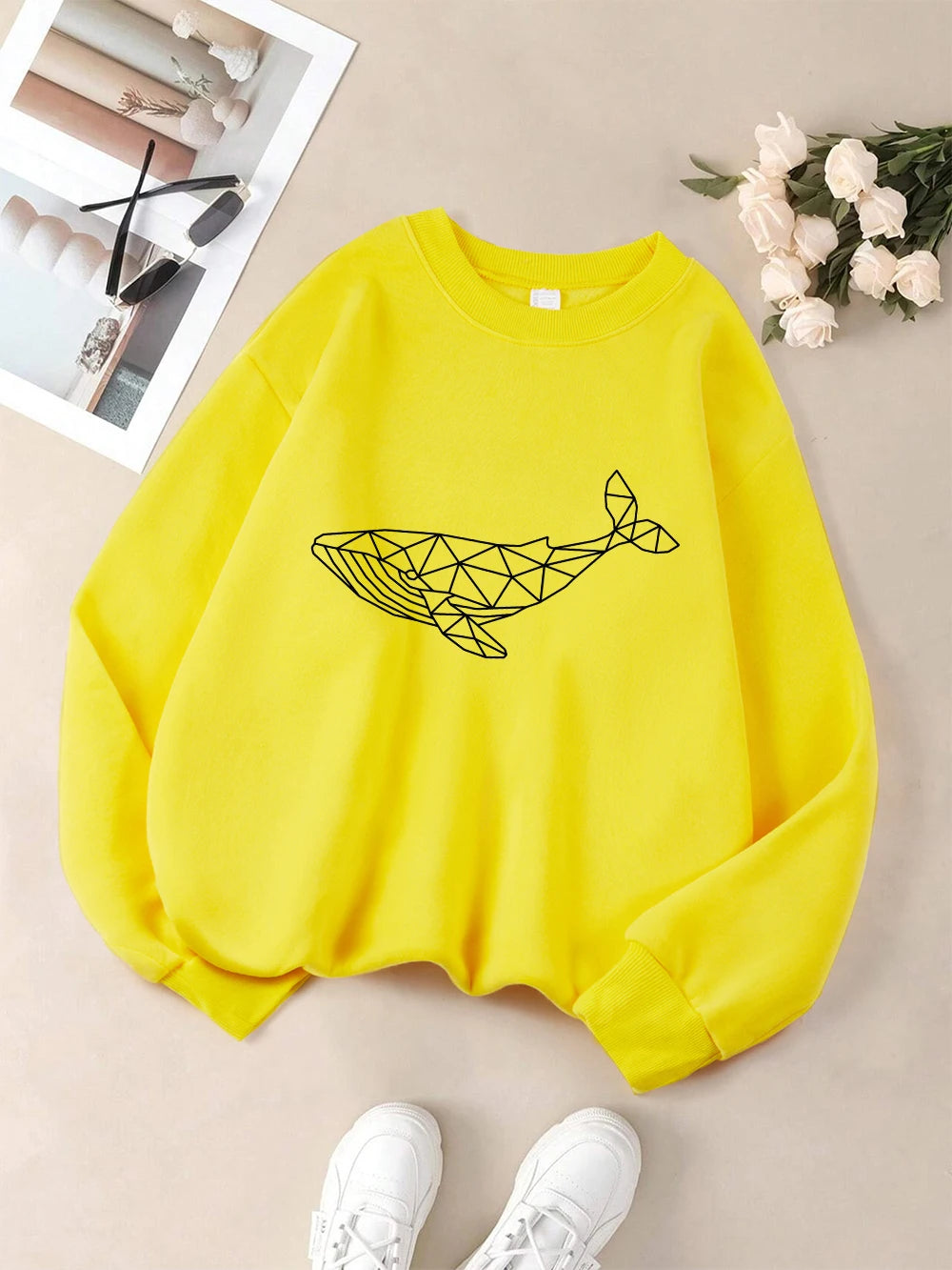 Simple Sketch Whale Printing Sweatshirts Womens Fleece Warm Casual Hoodies Crewneck Loose Pullover Winter Comfortable Clothes