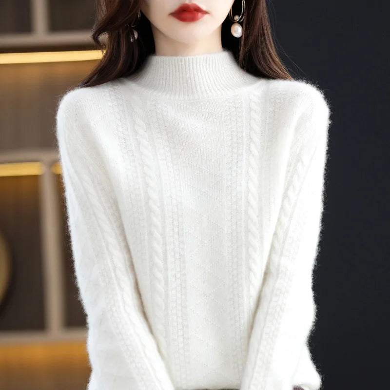 Chic Autumn Winter Soft Sophisticated Sweater Women's Mock Neck Pullover 100% Merino Wool Knitwear Solid Color Casual Tops