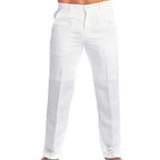 Men Cotton Linen Pants Casual Long Pants Stylish Men's Mid-rise Solid Color Slim Fit Trousers Zipper Fly Button Men Trousers