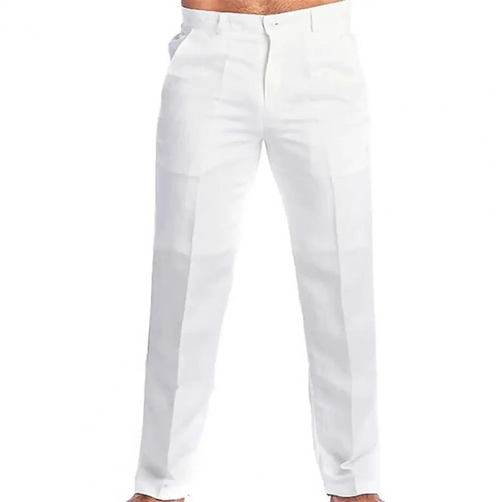 Men Cotton Linen Pants Casual Long Pants Stylish Men's Mid-rise Solid Color Slim Fit Trousers Zipper Fly Button Men Trousers
