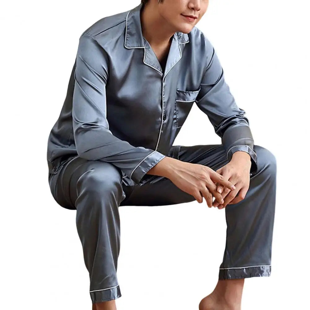 1 Set Men Sleepwear Solid Color Long Sleeved Single Breasted Home Wear Ice Silk Loose Plus Size Pajamas Set For Home