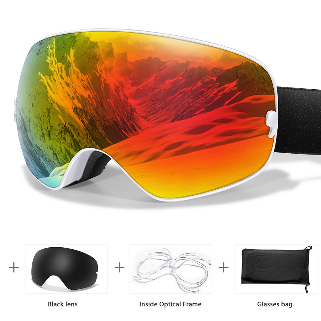 Ourdoor Sports Teen Men Women Ski Goggles-Anti-fog UV400 Eyewear, Christmas and New Year Gift, Free Black Lens and Optical Frame