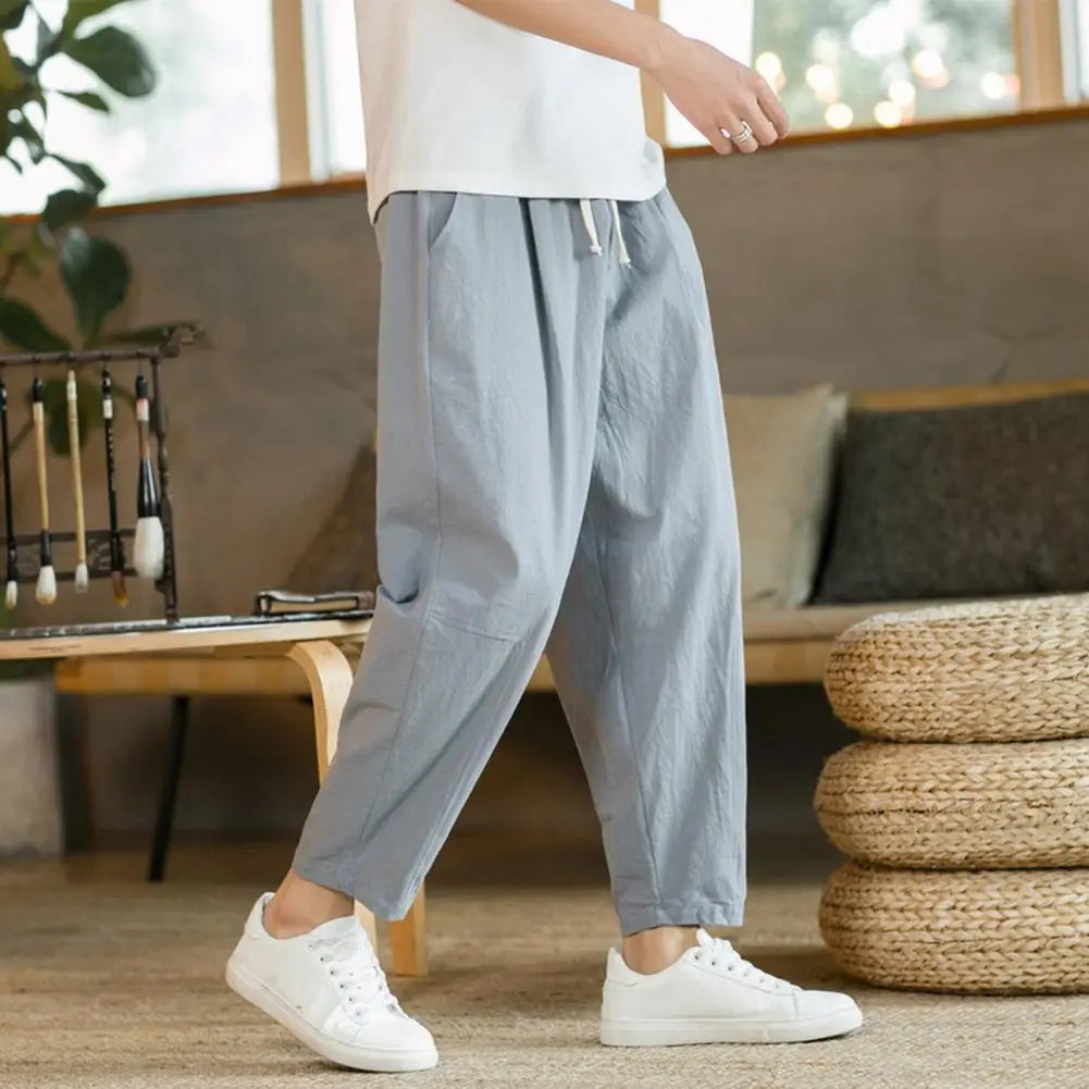 Men Cropped Trousers Men Casual Pants Men's Loose Straight Drawstring Ninth Pants with Elastic Waist Pockets Solid for Daily
