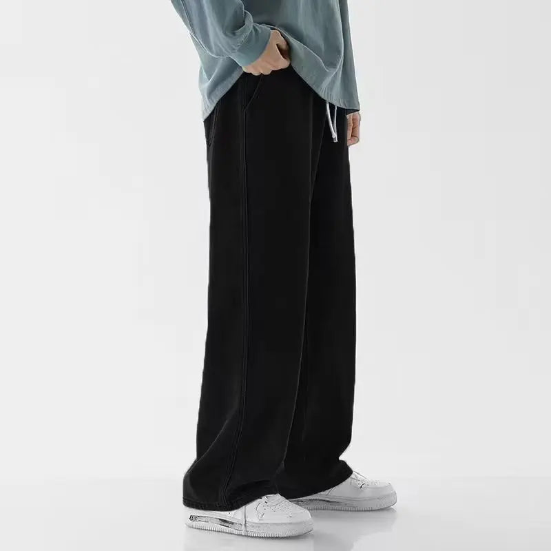 Fashion Men's Solid Color Drape Jeans Loose Straight Korean Vintage High Street Hip-hop Y2K Casual Daily Dragging Wide-leg Pants