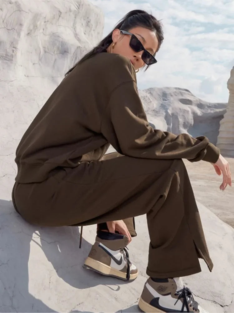 Women Fall Fashion Tracksuits Casual Long Sleeved Pullover Sets Two Piece Set Spring Solid Color Round Neck Pullover Pants Suits