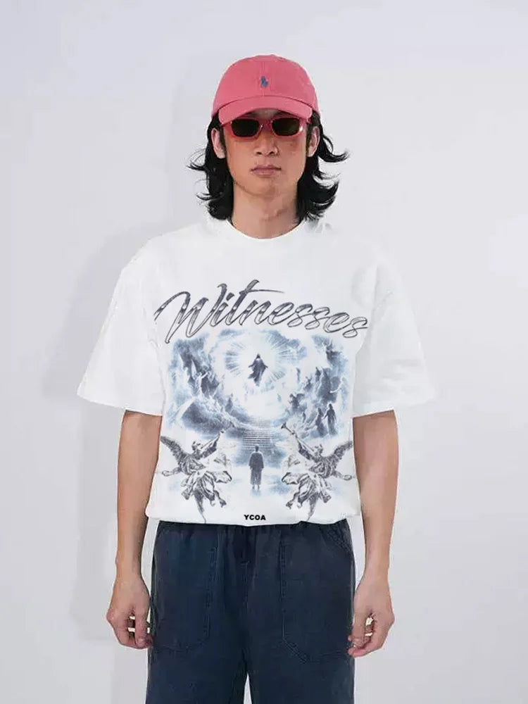 Men T-Shirt Angel Graphic Short Sleeve Tee Tops Harajuku Cotton Vintage Printed Oversized Korean Fashion Streetwear Y2k Clothing