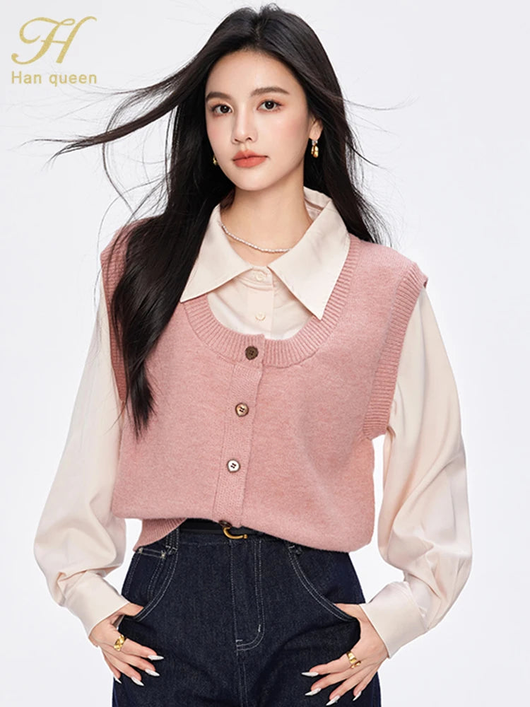 H Han Queen Pullover Sweaters Women Pink Fashion Buttons Elegant Patchwork Knitwear Simple Office Casual Sweater Reviews