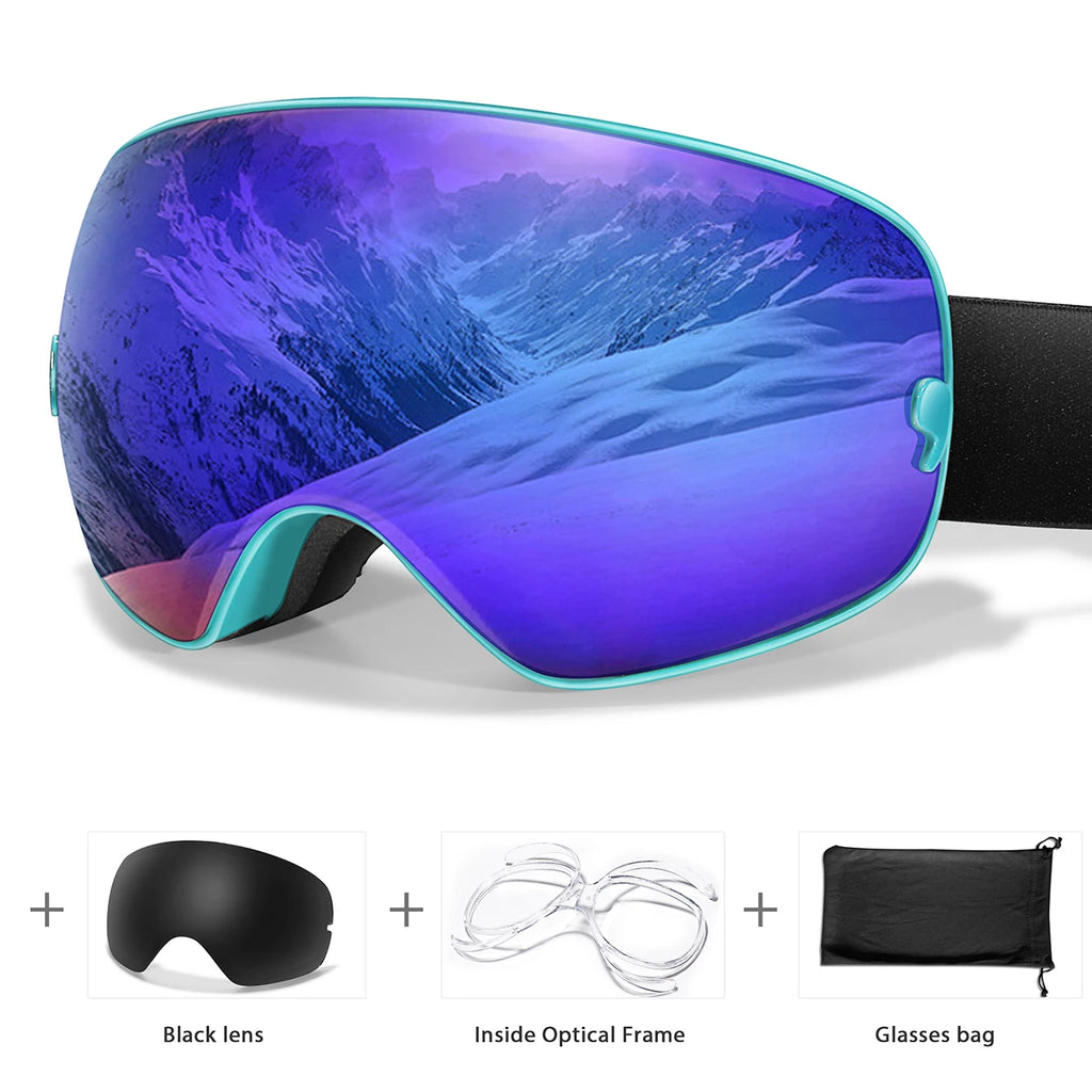 Ourdoor Sports Teen Men Women Ski Goggles-Anti-fog UV400 Eyewear, Christmas and New Year Gift, Free Black Lens and Optical Frame