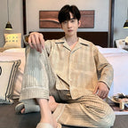Pajamas Suit Men Pure Cotton Long-sleeved Striped Printed Cardigan Sleepwear Winter Soft Breathable Homewear Men Loungewear Set