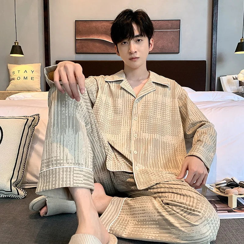 Pajamas Suit Men Pure Cotton Long-sleeved Striped Printed Cardigan Sleepwear Winter Soft Breathable Homewear Men Loungewear Set