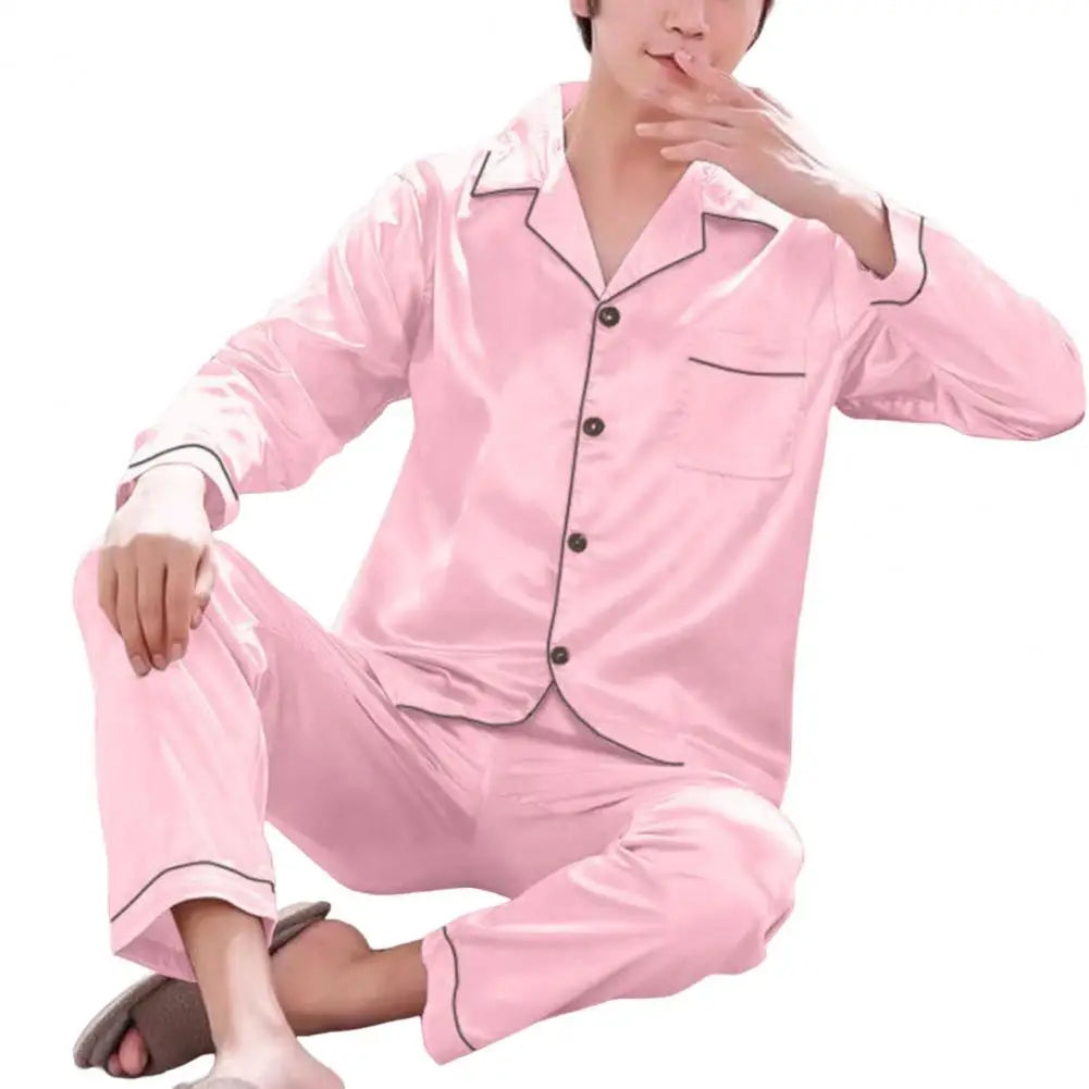 1 Set Men Sleepwear Solid Color Long Sleeved Single Breasted Home Wear Ice Silk Loose Plus Size Pajamas Set For Home