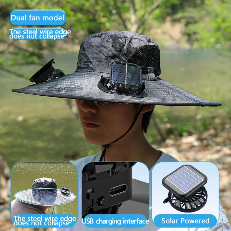 Wide Brim Solar Dual Fan Hat Outdoor Camping Fishing Hat Anti-UV Fan Hat for Men Mountain Climbing Sun Protection Fisherman Hat