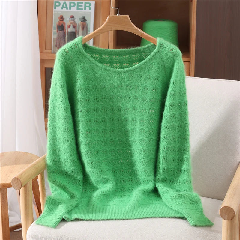 Chic Hollow Out O-Neck Women's Clothing Autumn Winter 100% Mink Cashmere Knitwear Female Autumn Winter Basic Pullover Sweater