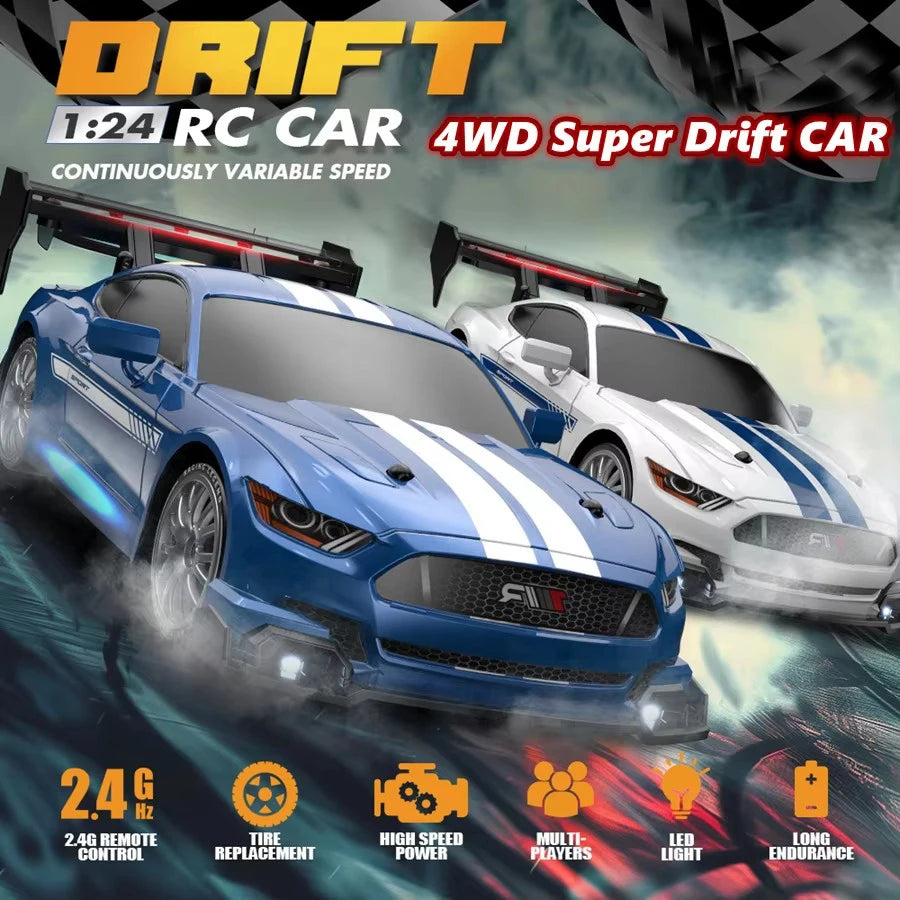 1:24 High Speed RC Drift Vehicle Cars Mustang 4WD Remote Control Racing Car Gift Competition Race Car Boys Toy Replaceable Tire