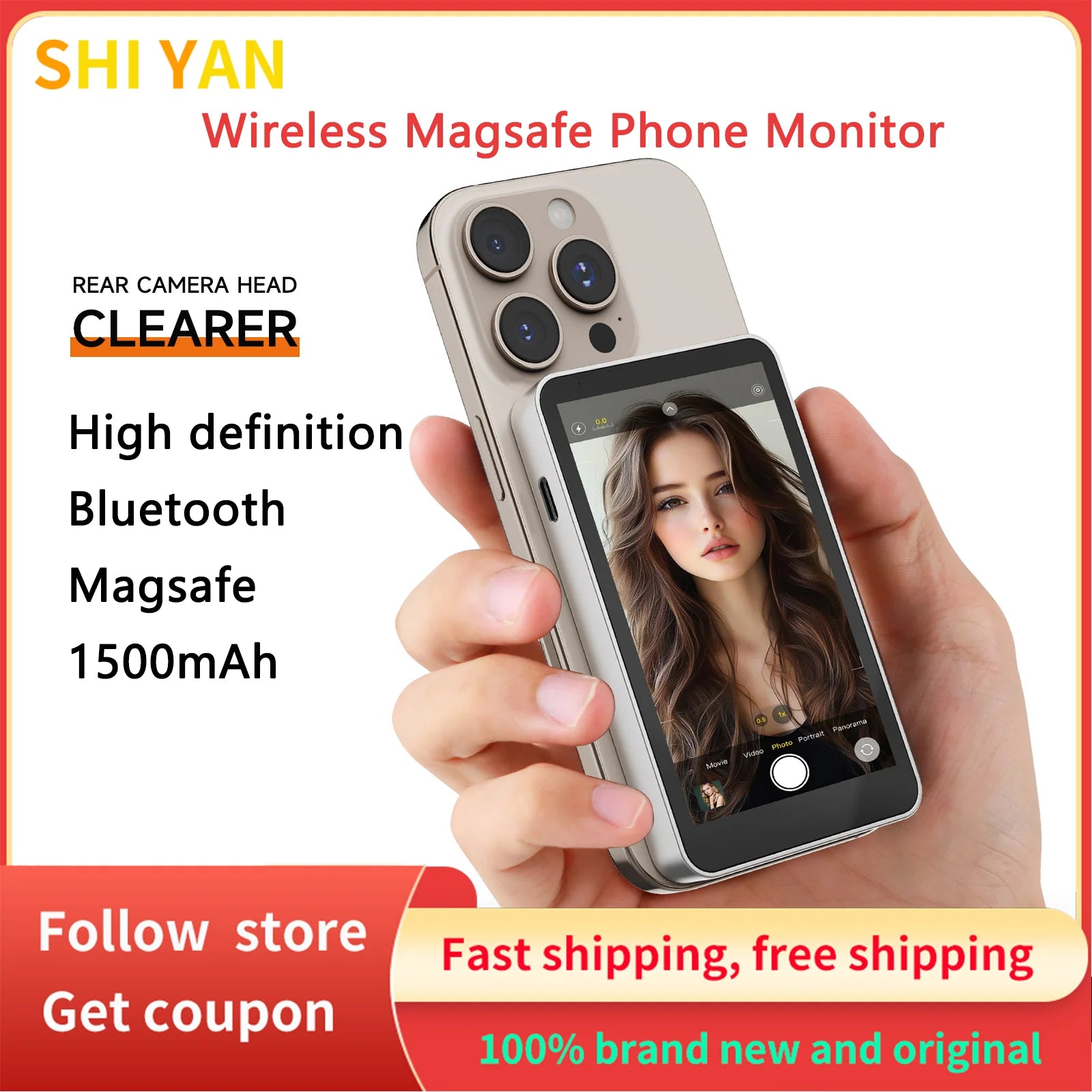 SHIYAN Magnetic Phone Selfie Monitor Screen Wireless Bluetooth Rear Selfie Touch Screen Monitor with Magsafe For iPhone Android