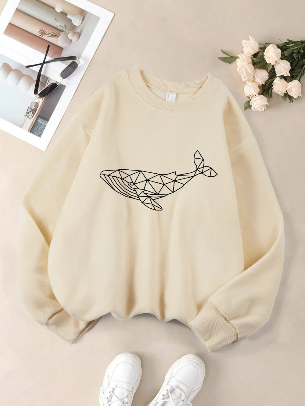 Simple Sketch Whale Printing Sweatshirts Womens Fleece Warm Casual Hoodies Crewneck Loose Pullover Winter Comfortable Clothes