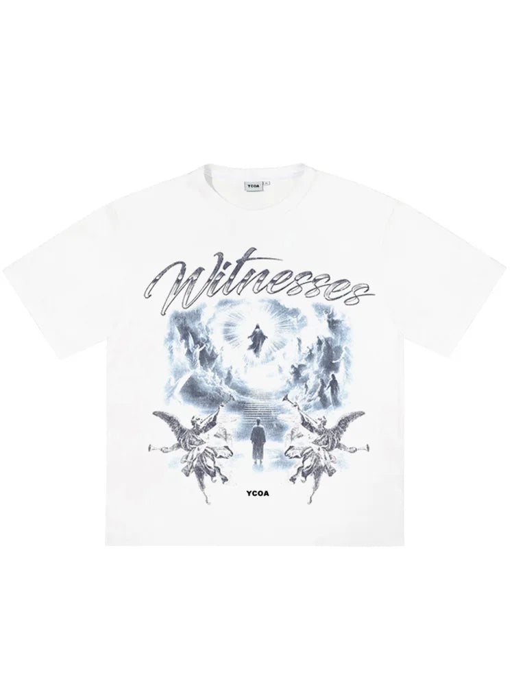 Men T-Shirt Angel Graphic Short Sleeve Tee Tops Harajuku Cotton Vintage Printed Oversized Korean Fashion Streetwear Y2k Clothing
