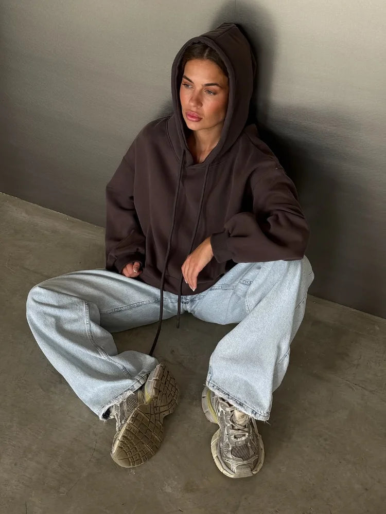 Women Solid Drawstring Hooded Sweatshirt Casual Long Sleeve Loose Pockets Pullover 2025 Autumn Lady Daily Street Sweatshirts