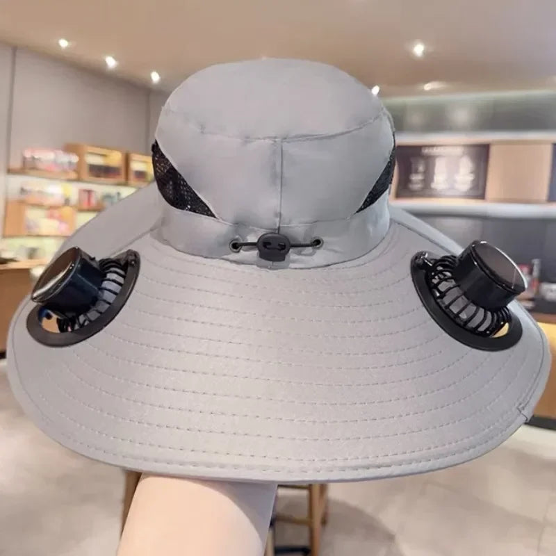 Large Size Quick Dry Bucket Hat with Solar Powered Fan USB Charging Sun Hat for Men Outdoor Hiking Camping Fishing Cooling Wear