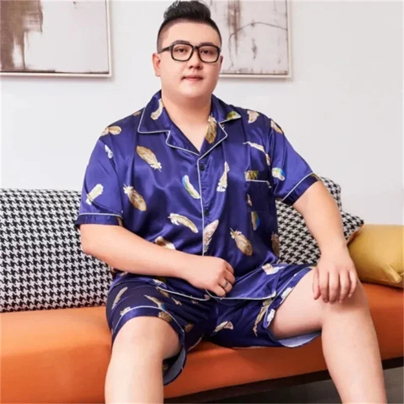 160kg 5XL Plus Size Satin Loose Loungewear Men Short Sleeve Ice Silk Pajama Button Down 2-Piece Pjs Set Sleepwear Home Clothes