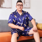 160kg 5XL Plus Size Satin Loose Loungewear Men Short Sleeve Ice Silk Pajama Button Down 2-Piece Pjs Set Sleepwear Home Clothes