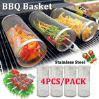 Rolling Bbq Basket- Greatest Grilling Basket Ever, Round Stainless Steel Grill Mesh, Camping Barbecue Rack For Vegetables,Fish