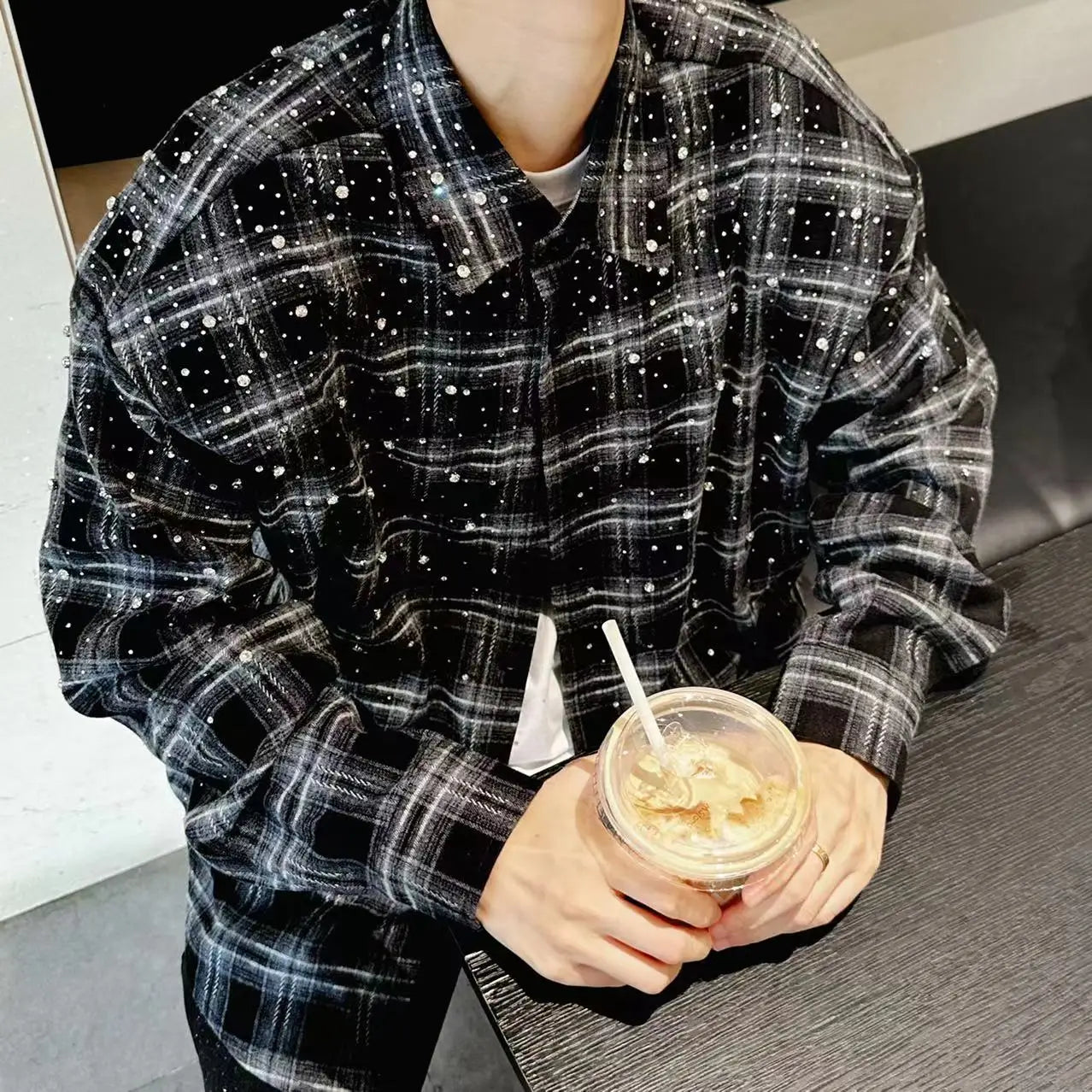 Male Original 2024 Autumn New Hot Diamond Beads Diamond Plaid Men's Women's Long-sleeve Shirts Trendy Light Luxury Shirts Jacket