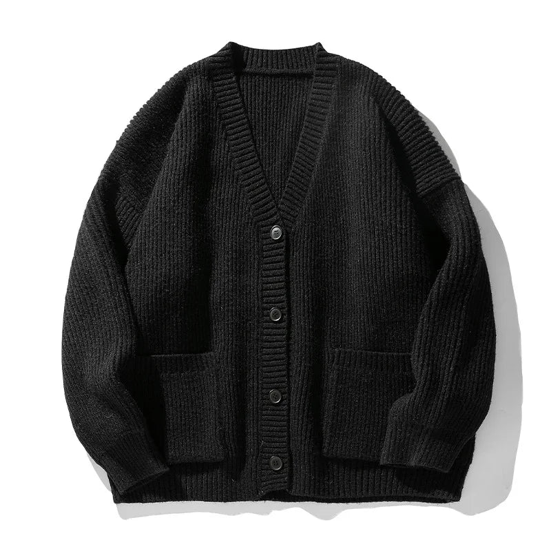 Thick Needle Texture Thickened Lazy Wind Cardigan Sweater Men's Autumn  Winter Keep Warm Retro Solid V-Neck Knit Sweater Jacket